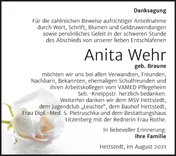 Traueranzeige von Anita Wehr von Trauerkombi Mansfelder Land