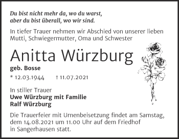 Traueranzeige von Anitta Würzburg von Trauerkombi Sangerhausen