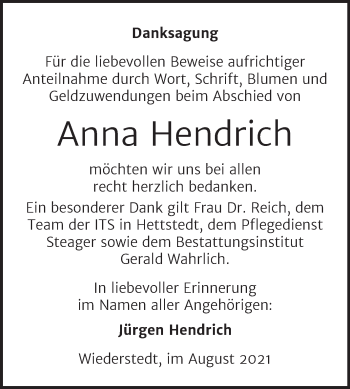 Traueranzeige von Anna Hendrich von Trauerkombi Mansfelder Land