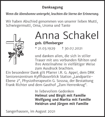 Traueranzeige von Anna Schakel von Trauerkombi Sangerhausen