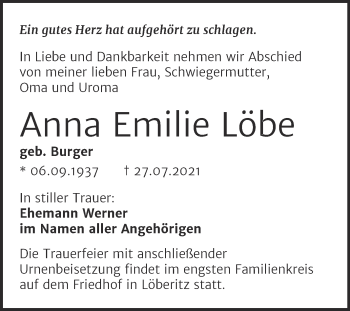 Traueranzeige von Anna Emilie Löbe von Trauerkombi Bitterfeld