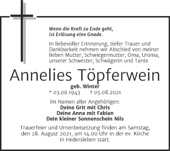 Traueranzeige von Annelies Töpferwein von Trauerkombi Mansfelder Land