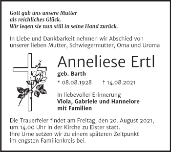 Traueranzeige von Anneliese Ertl von Trauerkombi Wittenberg