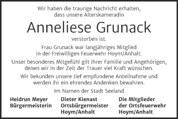 Traueranzeige von Anneliese Grunack von Super Sonntag Aschersleben
