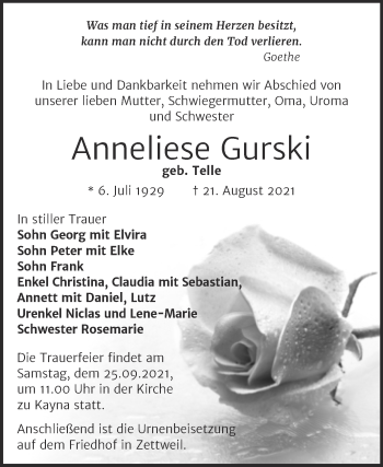 Traueranzeige von Anneliese Gurski von Trauerkombi Zeitz