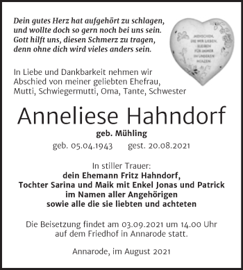 Traueranzeige von Anneliese Hahndorf von Trauerkombi Mansfelder Land