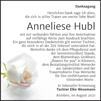 Traueranzeige von Anneliese Hubl von Trauerkombi Bernburg