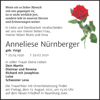 Traueranzeige von Anneliese Nürnberger von Wochenspiegel Naumburg/Nebra