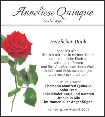 Traueranzeige von Anneliese Quinque von Trauerkombi Wittenberg