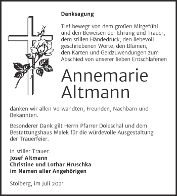 Traueranzeige von Annemarie Altmann von Trauerkombi Sangerhausen