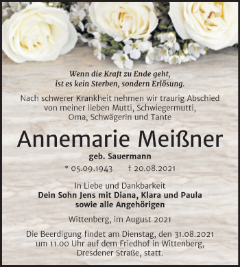Traueranzeige von Annemarie Meißner von Trauerkombi Wittenberg