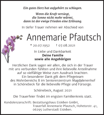 Traueranzeige von Annemarie Pfautsch von Trauerkombi Mansfelder Land