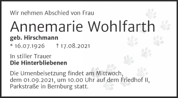 Traueranzeige von Annemarie Wohlfarth von Trauerkombi Bernburg