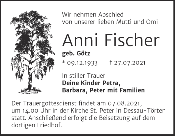 Traueranzeige von Anni Fischer von Mitteldeutsche Zeitung Dessau-Roßlau