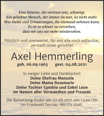 Traueranzeige von Axel Hemmerling von Trauerkombi Dessau