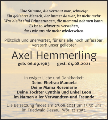 Traueranzeige von Axel Hemmerling von Trauerkombi Wittenberg