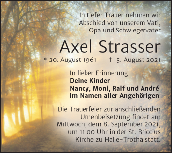 Traueranzeige von Axel Strasser von Mitteldeutsche Zeitung Halle/Saalkreis