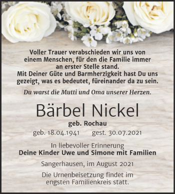 Traueranzeige von Bärbel Nickel von Trauerkombi Sangerhausen