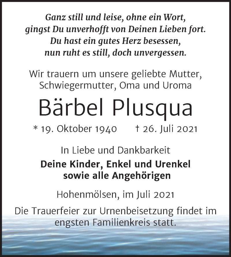  Traueranzeige für Bärbel Plusqua vom 31.07.2021 aus Trauerkombi Weißenfels