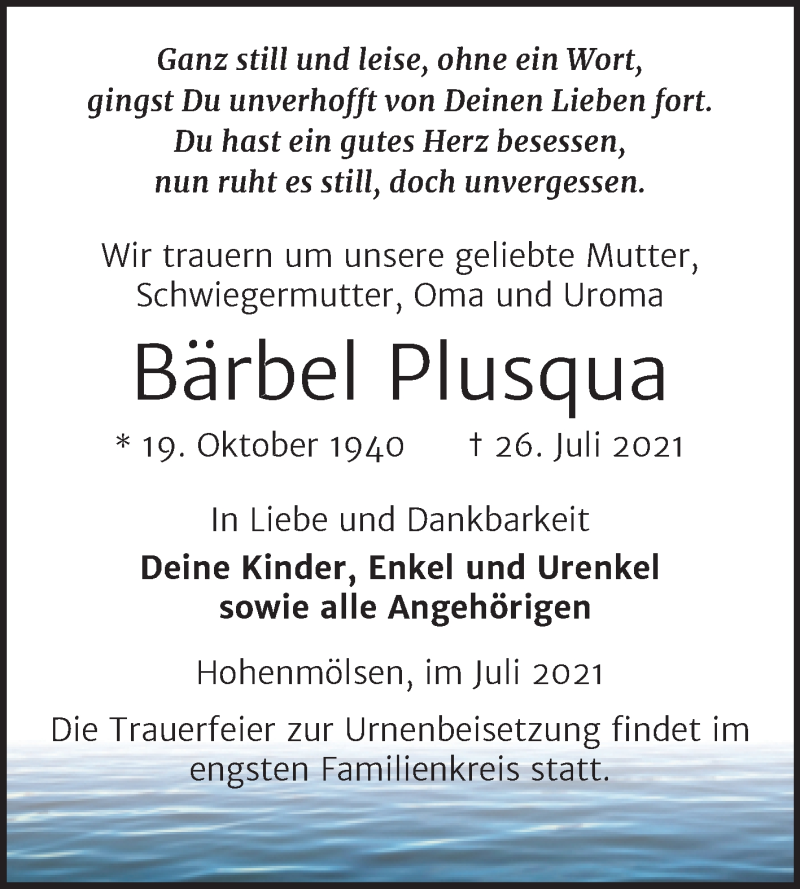 Traueranzeige für Bärbel Plusqua vom 04.08.2021 aus Trauerkombi Weißenfels