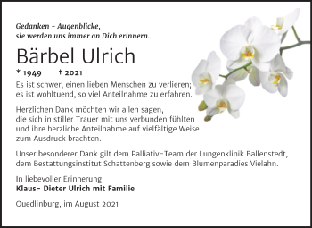 Traueranzeige von Bärbel Ulrich von Trauerkombi Quedlinburg
