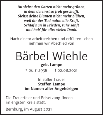 Traueranzeige von Bärbel Wiehle von Trauerkombi Bernburg