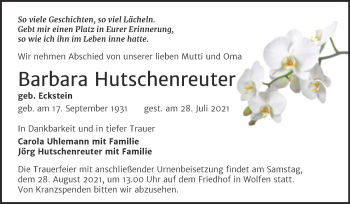 Traueranzeige von Barbara Hutschenreuter von Trauerkombi Bitterfeld