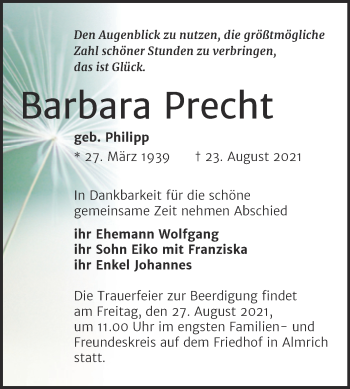 Traueranzeige von Barbara Precht von Naumburger Tageblatt