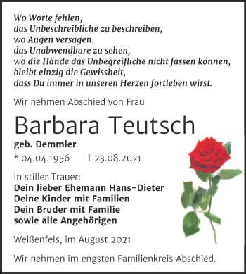 Traueranzeige von Barbara Teutsch von Trauerkombi Weißenfels