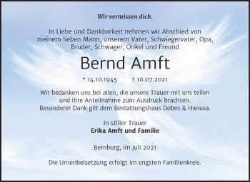 Traueranzeige von Bernd Amft von Trauerkombi Bernburg