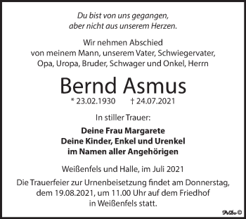 Traueranzeige von Bernd Asmus von Trauerkombi Weißenfels