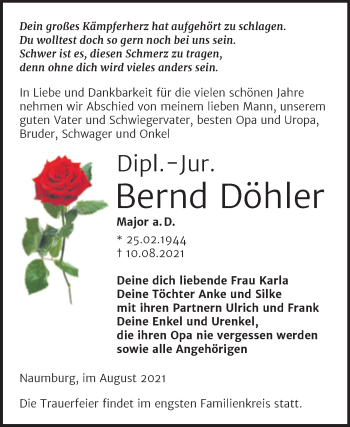 Traueranzeige von Bernd Döhler von Naumburger Tageblatt