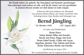 Traueranzeige von Bernd Jüngling von Trauerkombi Quedlinburg