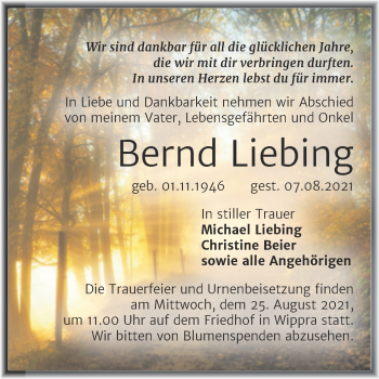 Traueranzeige von Bernd Liebing von Trauerkombi Sangerhausen