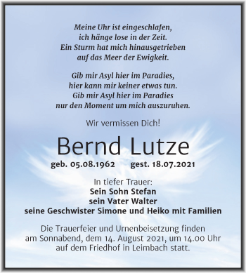 Traueranzeige von Bernd Lutze von Trauerkombi Mansfelder Land