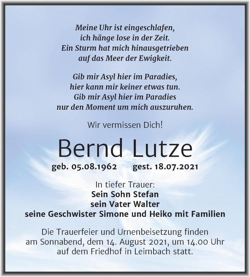  Traueranzeige für Bernd Lutze vom 30.07.2021 aus Trauerkombi Mansfelder Land