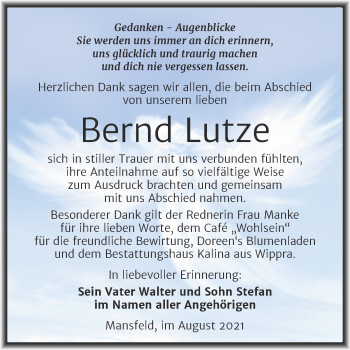 Traueranzeige von Bernd Lutze von Trauerkombi Mansfelder Land
