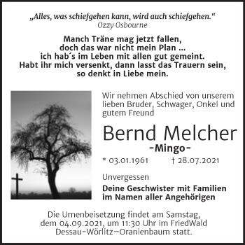 Traueranzeige von Bernd Melcher von Trauerkombi Bitterfeld