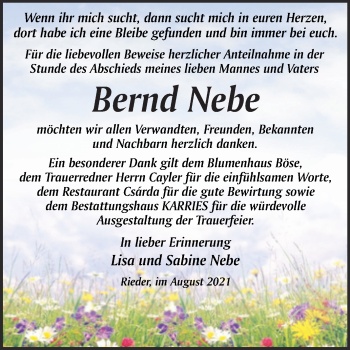 Traueranzeige von Bernd Nebe von Trauerkombi Quedlinburg