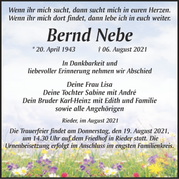 Traueranzeige von Bernd Nebe von Trauerkombi Quedlinburg