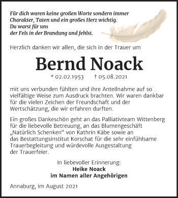 Traueranzeige von Bernd Noack von Trauerkombi Wittenberg