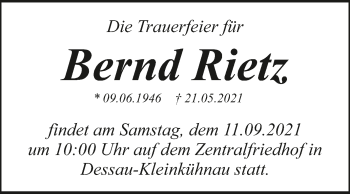 Traueranzeige von Bernd Rietz von Trauerkombi Dessau