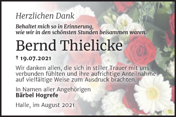 Traueranzeige von Bernd Thielicke von Mitteldeutsche Zeitung Halle/Saalkreis