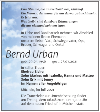 Traueranzeige von Bernd Urban von Trauerkombi Merseburg