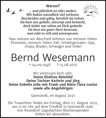 Traueranzeige von Bernd Wesemann von Trauerkombi Mansfelder Land