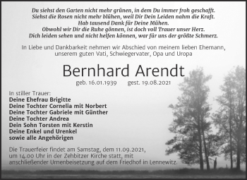 Traueranzeige von Bernhard Arendt von Trauerkombi Köthen
