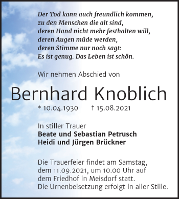 Traueranzeige von Bernhard Knoblich von Trauerkombi Quedlinburg