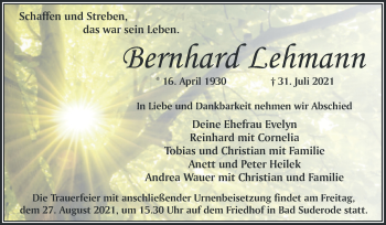 Traueranzeige von Bernhard Lehmann von Trauerkombi Quedlinburg