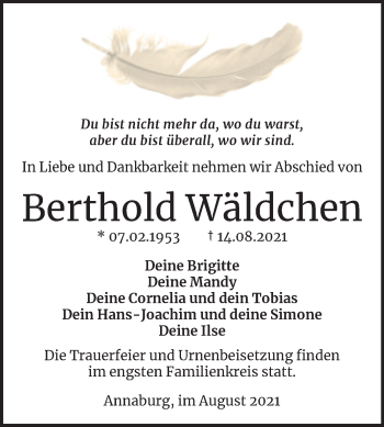 Traueranzeige von Berthold Wäldchen von Trauerkombi Wittenberg
