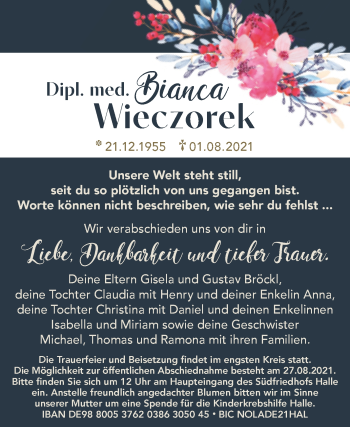 Traueranzeige von Bianca Wieczorek von Mitteldeutsche Zeitung Halle/Saalkreis